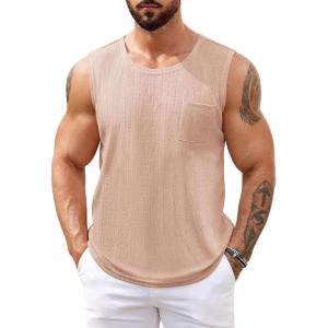 imageCOOFANDY Mens Knit Tank Tops Casual Sleeveless T Shirts Beach Tank Shirts with PocketChampagne