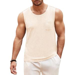 imageCOOFANDY Mens Knit Tank Tops Casual Sleeveless T Shirts Beach Tank Shirts with PocketCream