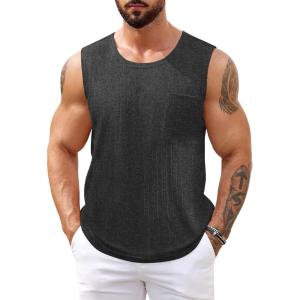 imageCOOFANDY Mens Knit Tank Tops Casual Sleeveless T Shirts Beach Tank Shirts with PocketDark Grey