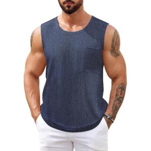 imageCOOFANDY Mens Knit Tank Tops Casual Sleeveless T Shirts Beach Tank Shirts with PocketNavy