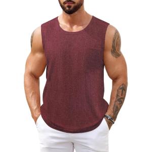 imageCOOFANDY Mens Knit Tank Tops Casual Sleeveless T Shirts Beach Tank Shirts with PocketWine Red