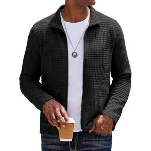 imageCOOFANDY Mens Lightweight Varsity Jacket Casual Bomber Jackets Waffle Zip Up Coat with PocketBlack
