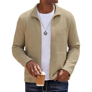 imageCOOFANDY Mens Lightweight Varsity Jacket Casual Bomber Jackets Waffle Zip Up Coat with PocketKahki