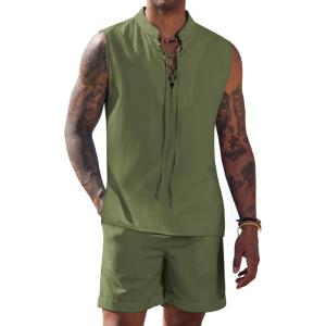 imageCOOFANDY Mens Linen Sets 2 Piece Beach Outfits Lace Up Hippie Tank Tops Summer Casual Sleeveless Shirts Matching Shorts SetArmy Green