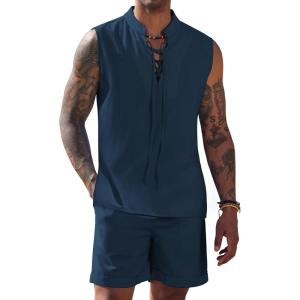 imageCOOFANDY Mens Linen Sets 2 Piece Beach Outfits Lace Up Hippie Tank Tops Summer Casual Sleeveless Shirts Matching Shorts SetNavy