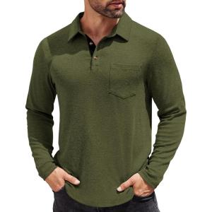 imageCOOFANDY Mens Long Sleeve Polo Shirt Casual Dress Button Polo T Shirt with Pocket Basic Lightweight Collared Golf ShirtArmy Green