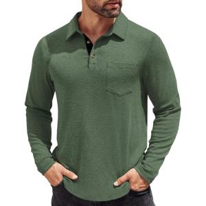 imageCOOFANDY Mens Long Sleeve Polo Shirt Casual Dress Button Polo T Shirt with Pocket Basic Lightweight Collared Golf ShirtDeep Army Green