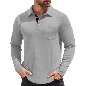 imageCOOFANDY Mens Long Sleeve Polo Shirt Casual Dress Button Polo T Shirt with Pocket Basic Lightweight Collared Golf ShirtGrey