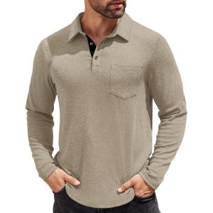 imageCOOFANDY Mens Long Sleeve Polo Shirt Casual Dress Button Polo T Shirt with Pocket Basic Lightweight Collared Golf ShirtKhaki