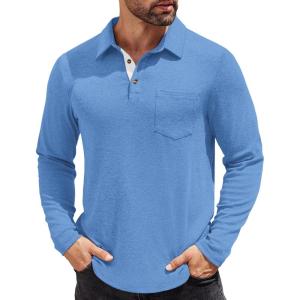 imageCOOFANDY Mens Long Sleeve Polo Shirt Casual Dress Button Polo T Shirt with Pocket Basic Lightweight Collared Golf ShirtLight Blue