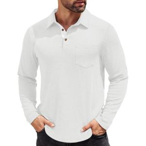 imageCOOFANDY Mens Long Sleeve Polo Shirt Casual Dress Button Polo T Shirt with Pocket Basic Lightweight Collared Golf ShirtWhite