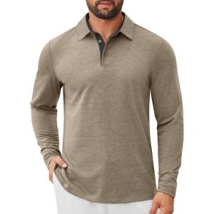 imageCOOFANDY Mens Long Sleeve Polo Shirts Button Casual Tee Collared Work Pullover ShirtsKhaki