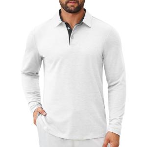 imageCOOFANDY Mens Long Sleeve Polo Shirts Button Casual Tee Collared Work Pullover ShirtsWhite