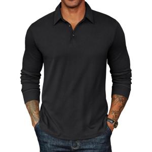 imageCOOFANDY Mens Long Sleeve Polo Shirts Classic Casual Button Polo Tee Lightweight Collared Golf Shirt01black