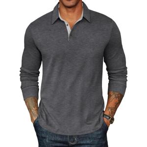 imageCOOFANDY Mens Long Sleeve Polo Shirts Classic Casual Button Polo Tee Lightweight Collared Golf ShirtDark Grey