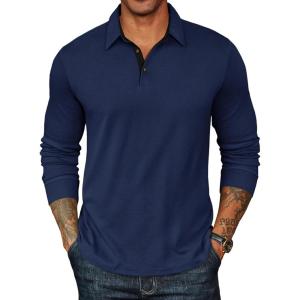 imageCOOFANDY Mens Long Sleeve Polo Shirts Classic Casual Button Polo Tee Lightweight Collared Golf ShirtNavy Blue