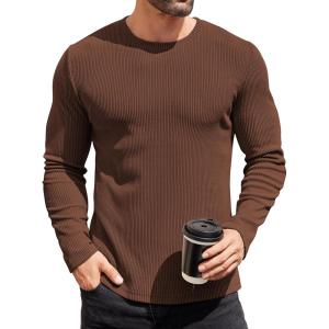 imageCOOFANDY Mens Long Sleeve Shirts Thermal TShirt Slim Fit Crewneck Sweater Knitted Pullover ShirtBrown