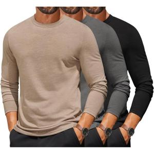 imageCOOFANDY Mens Long Sleeve T Shirts Crew Neck Casual Basic Tee Shirt Lightweight Pullover Shirts3 PackblackDark GrayKhaki