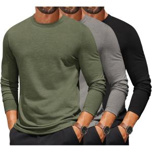 imageCOOFANDY Mens Long Sleeve T Shirts Crew Neck Casual Basic Tee Shirt Lightweight Pullover Shirts3 PackblackLight GrayArmy Green