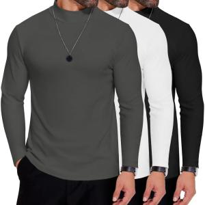 imageCOOFANDY Mens Mock Neck Shirts Fleece Long Sleeve Tops Basic Pullover TShirts3 PcsblackWhiteDark Grey