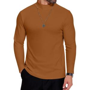 imageCOOFANDY Mens Mock Neck Shirts Fleece Long Sleeve Tops Basic Pullover TShirtsLight Brown