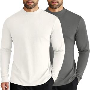 imageCOOFANDY Mens Mock Turtleneck Long Sleeve Shirts Slim Fit Basic TShirt Lightweight Ribbed Pullover Sweater2 Packwhite  Dark Grey