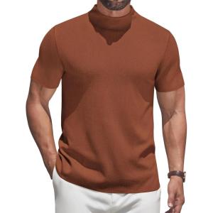 imageCOOFANDY Mens Mock Turtleneck Sweater Short Sleeve Casual Knitted TShirts Thermal Tops Solid Basic TeeCamel