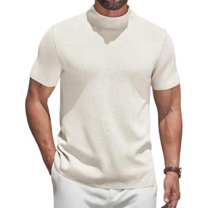 imageCOOFANDY Mens Mock Turtleneck Sweater Short Sleeve Casual Knitted TShirts Thermal Tops Solid Basic TeeCream White