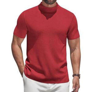 imageCOOFANDY Mens Mock Turtleneck Sweater Short Sleeve Casual Knitted TShirts Thermal Tops Solid Basic TeeDeep Red