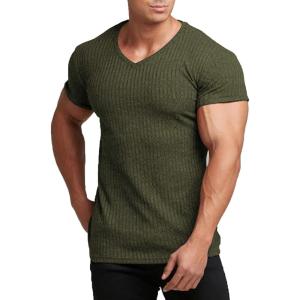 imageCOOFANDY Mens Muscle T Shirts Stretch Short Sleeve V Neck Bodybuilding Workout Tee Shirts Ribbed Knit ShirtArmy Green
