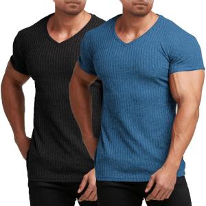 imageCOOFANDY Mens Muscle T Shirts Stretch Short Sleeve V Neck Bodybuilding Workout Tee Shirts Ribbed Knit ShirtBlueBlack2 Pack