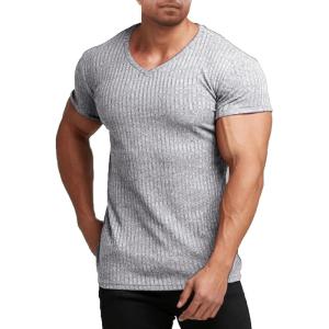 imageCOOFANDY Mens Muscle T Shirts Stretch Short Sleeve V Neck Bodybuilding Workout Tee Shirts Ribbed Knit ShirtGrey
