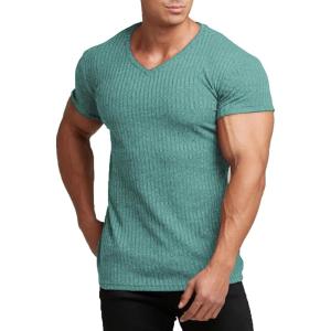 imageCOOFANDY Mens Muscle T Shirts Stretch Short Sleeve V Neck Bodybuilding Workout Tee Shirts Ribbed Knit ShirtLight Green