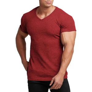 imageCOOFANDY Mens Muscle T Shirts Stretch Short Sleeve V Neck Bodybuilding Workout Tee Shirts Ribbed Knit ShirtRed
