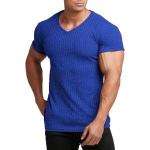 imageCOOFANDY Mens Muscle T Shirts Stretch Short Sleeve V Neck Bodybuilding Workout Tee Shirts Ribbed Knit ShirtRoyal Blue