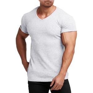 imageCOOFANDY Mens Muscle T Shirts Stretch Short Sleeve V Neck Bodybuilding Workout Tee Shirts Ribbed Knit ShirtWhite