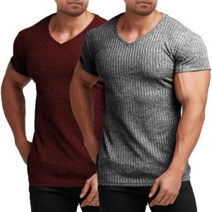 imageCOOFANDY Mens Muscle T Shirts Stretch Short Sleeve V Neck Bodybuilding Workout Tee Shirts Ribbed Knit ShirtWine RedDark Grey2 Pack
