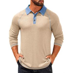 imageCOOFANDY Mens Polo Shirts Long Sleeve Casual Raglan Golf ShirtsLight Khaki
