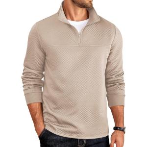 imageCOOFANDY Mens Quarter Zip Pullover Lightweight Textured Sweatshirt Long Sleeve Casual Mock Neck Polo ShirtsKhaki