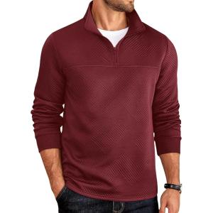 imageCOOFANDY Mens Quarter Zip Pullover Lightweight Textured Sweatshirt Long Sleeve Casual Mock Neck Polo ShirtsWine Red