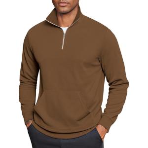 imageCOOFANDY Mens Quarter Zip Pullover Mock Neck Sweatshirt Long Sleeve Sweater Polo Half Zip Pullover with PocketBrown