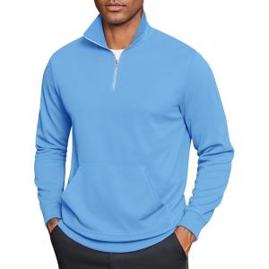 imageCOOFANDY Mens Quarter Zip Pullover Mock Neck Sweatshirt Long Sleeve Sweater Polo Half Zip Pullover with PocketLight Blue
