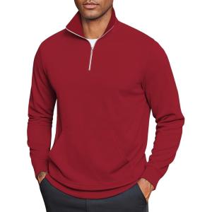 imageCOOFANDY Mens Quarter Zip Pullover Mock Neck Sweatshirt Long Sleeve Sweater Polo Half Zip Pullover with PocketWine Red