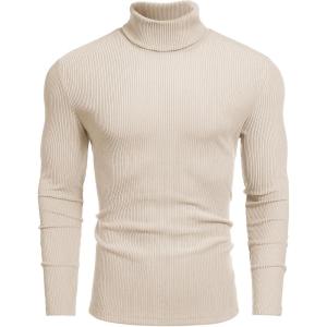 imageCOOFANDY Mens Ribbed Turtleneck Sweater Casual Basic Long Sleeve Knitted Pullover SweaterBeige