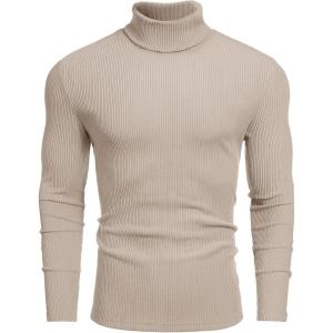 imageCOOFANDY Mens Ribbed Turtleneck Sweater Casual Basic Long Sleeve Knitted Pullover SweaterLight Khaki