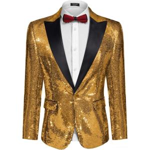 imageCOOFANDY Mens Sequin Blazer Tuxedo Party Prom Wedding Tuxedo One Button JacketGolden Yellow