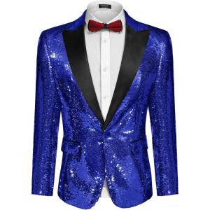 imageCOOFANDY Mens Sequin Blazer Tuxedo Party Prom Wedding Tuxedo One Button JacketNavy Blue