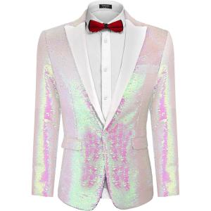 imageCOOFANDY Mens Sequin Blazer Tuxedo Party Prom Wedding Tuxedo One Button JacketPinkwhite