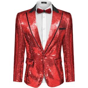 imageCOOFANDY Mens Sequin Blazer Tuxedo Party Prom Wedding Tuxedo One Button JacketRedlapel Sequins