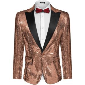 imageCOOFANDY Mens Sequin Blazer Tuxedo Party Prom Wedding Tuxedo One Button JacketRose Gold